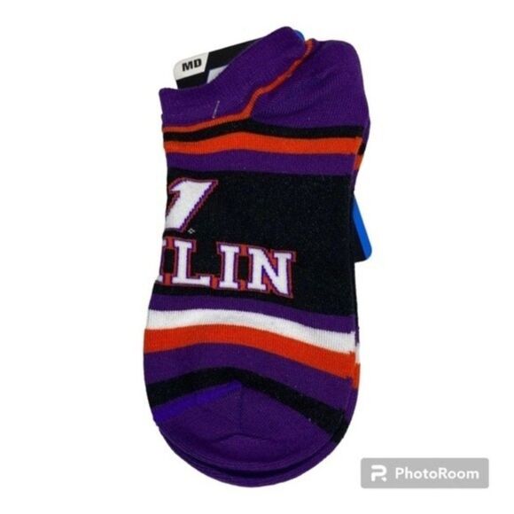 For Bare Feet Purple Orange Danny Hamlin #11 Nascar Stripe Socks M Made in USA - Picture 1 of 5